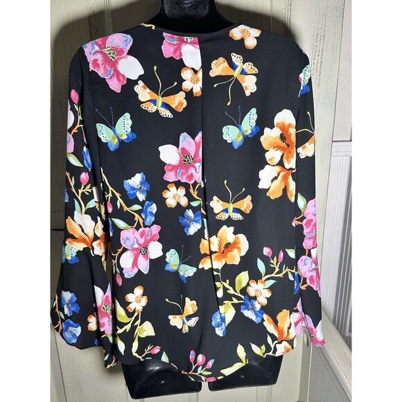 INC XS Top Low V Cut Floral Prints Long Bell Sleeves Sheer Lightweight - Picture 3 of 9